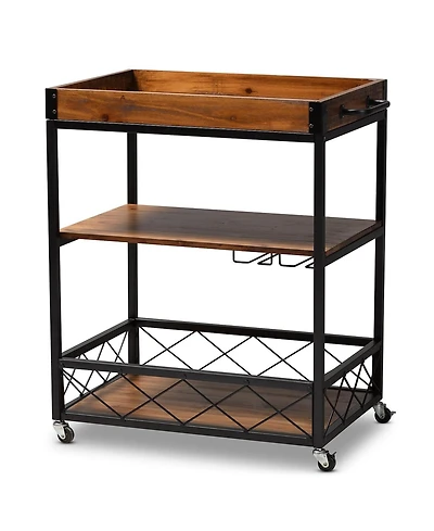 Boyel Living 32.6'' Tall Industrial Style Rolling Kitchen Island Wine Cart with Black Finished, Fir Wood Mobile Metal Wine Bar Cart