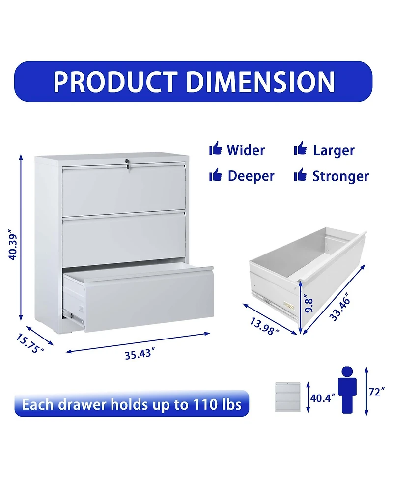 Boyel Living Lateral File Cabinet 3 Drawer, White Filing Cabinet with Lock, Lockable File Cabinet for Home Office