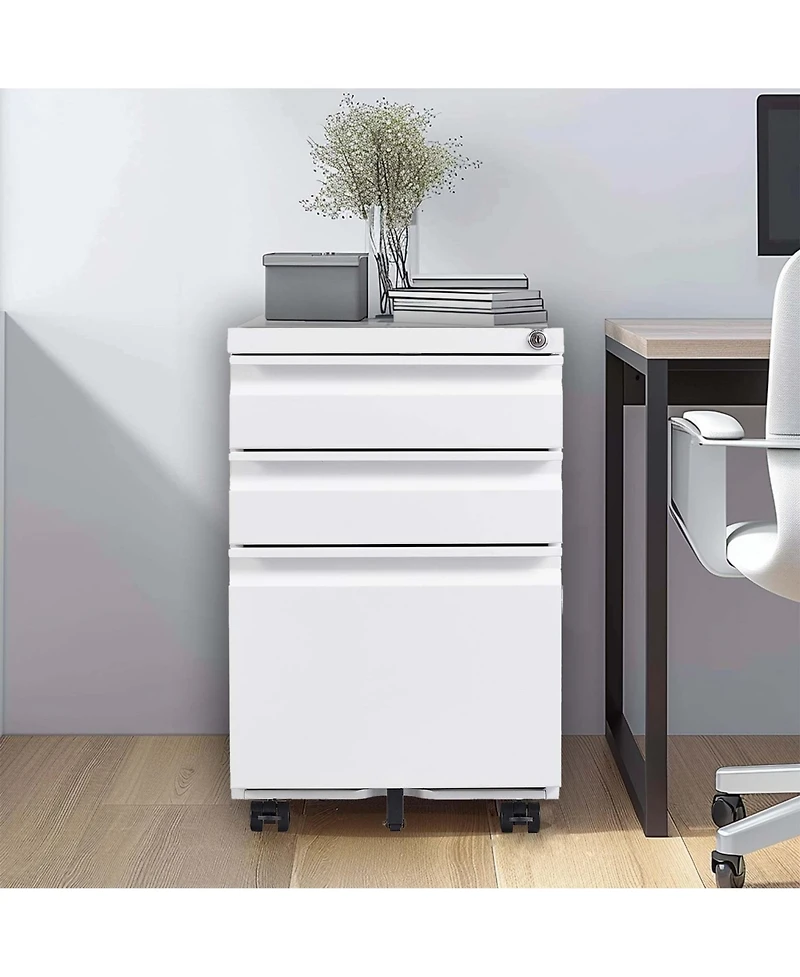 Boyel Living 3 Drawer Mobile File Cabinet with Lock, Metal Filing Cabinets for Home Office Organizer Letters/Legal/A4, Fully Assembled, White