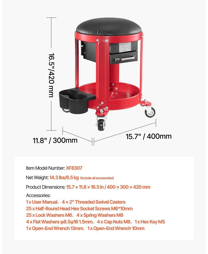 Mecale Rolling Mechanic Stool, 300-Lb Capacity, Fixed-Height Padded Seat w/ Tool Tray & 2 Drawers, Red/Black