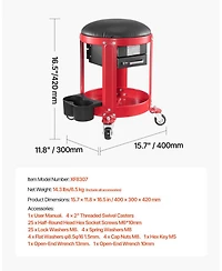 Mecale Rolling Mechanic Stool, 300-Lb Capacity, Fixed-Height Padded Seat w/ Tool Tray & 2 Drawers, Red/Black