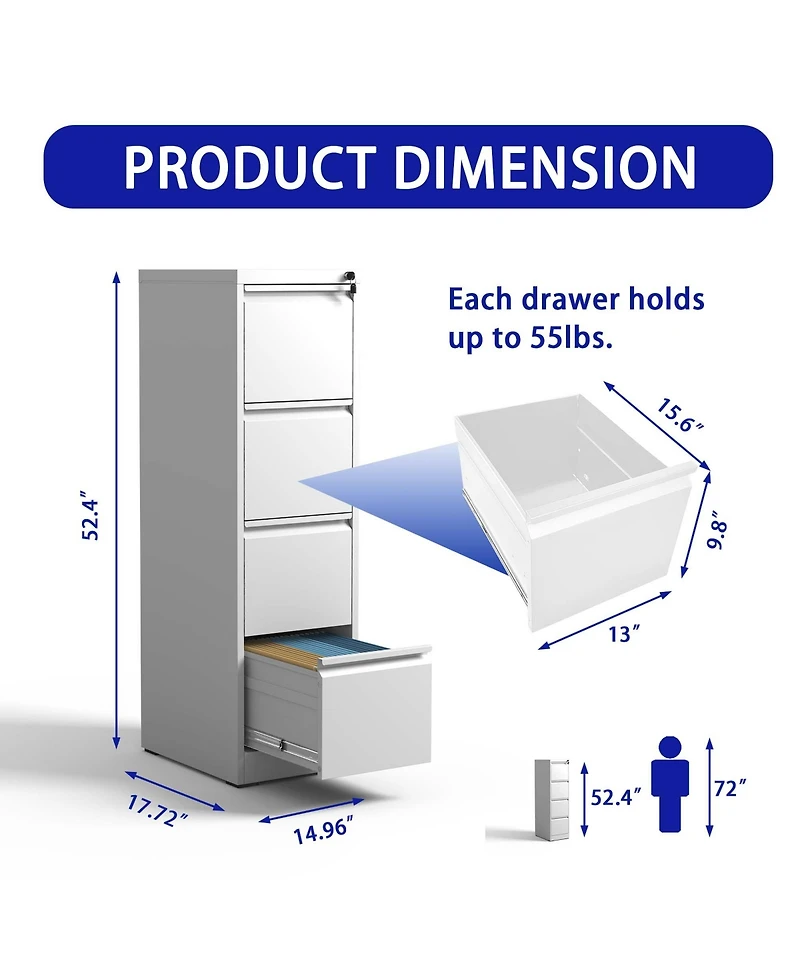 Boyel Living 4 Drawer Metal Vertical File Cabinet with Lock Office Home Steel Vertical File Cabinet for A4 Legal/Letter Size