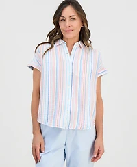 Style & Co Petite Cotton Striped Camp Shirt, Macy's Exclusive