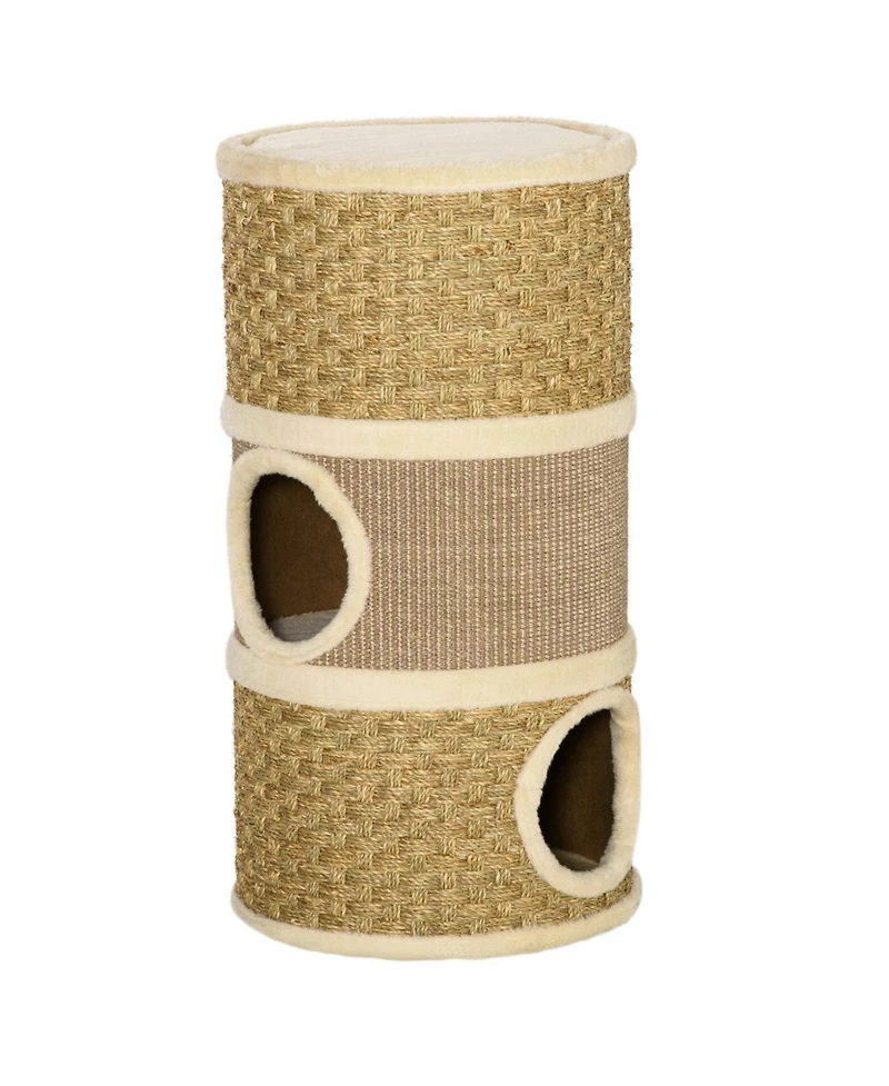 Aostirmotor Cat Condo with Scratching Pad,3 Story Cat Hideaway in Khaki and Brown