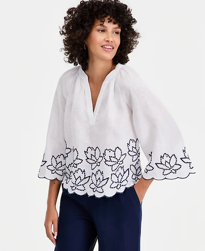 Charter Club Women's 100% Linen Raglan-Sleeve Cabana Top, Created for Macy's