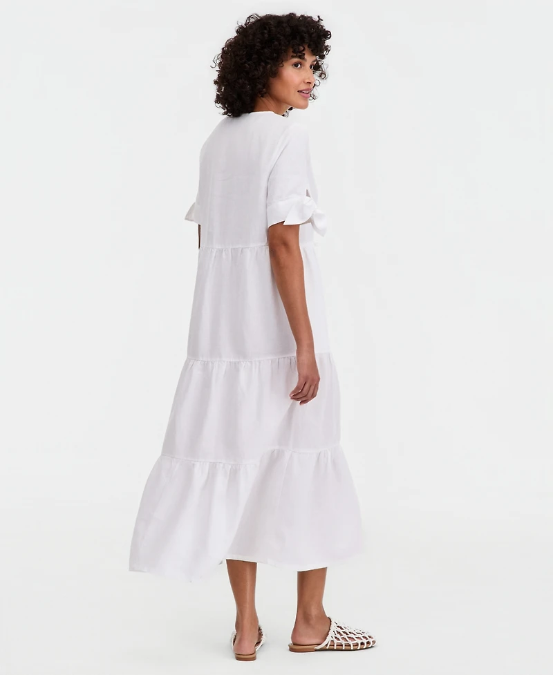 Charter Club Women's 100% Linen Tie-Sleeve Tiered Midi Dress, Created for Macy's