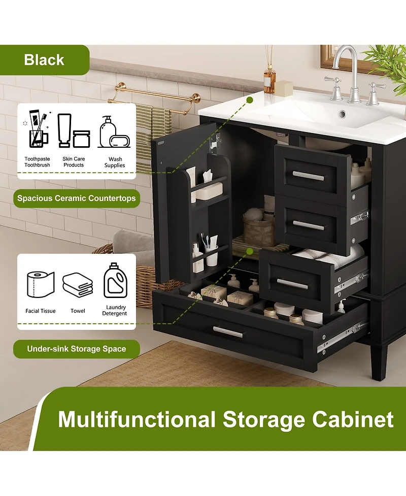 Cesicia 30 in. Wood Bathroom Vanity, Modern Cabinet with Sink Combo Set, Soft-Closing Door and 3 Drawers