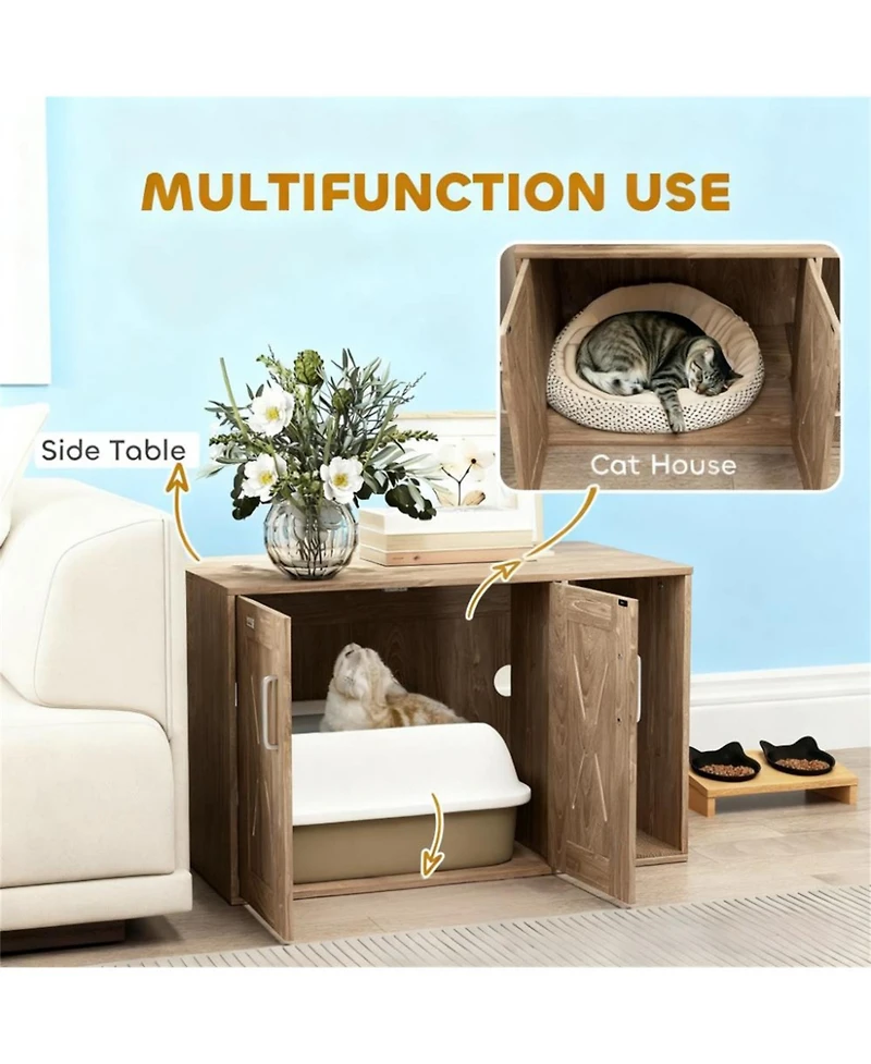 Aostirmotor Cat Litter Box Enclosure with Scratching Board in Walnut Brown