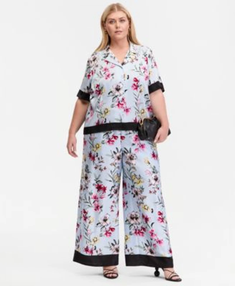 I.N.C. International Concepts Plus Size Printed Short Sleeve Button Front Shirt Printed Wide Leg Pull On Pants Macys Exclusive