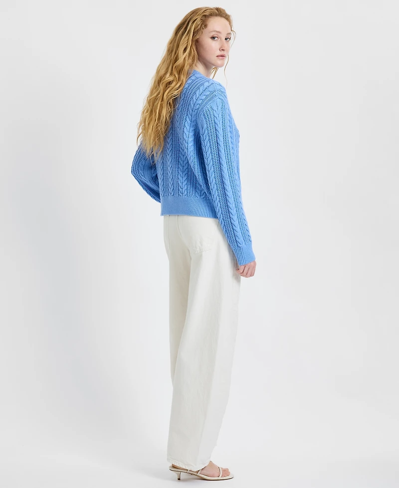 French Connection Women's Ryland Blue Cable Knit V-Neck Sweater