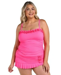 La Blanca Womens Plus Size Island Goddess Ruffle Bandeau Tankini Top Ruffle Skirt
