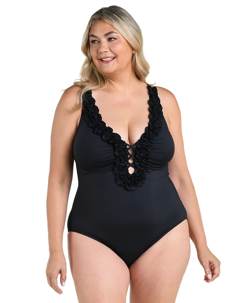 La Blanca Plus Island Goddess Ruffle V-Neck One-Piece Swimsuit