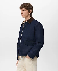 Mango Men's Corduroy Collar Quilted Denim Jacket