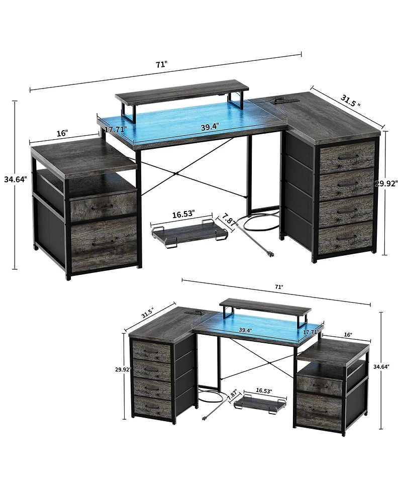 Aheaplus Reversible L Shaped Desk with 6 Drawers, 70.8'' Large Computer Outlets, Monitor Stand & Cpu
