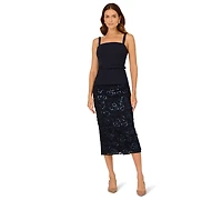 Adrianna Papell Women's Square Neck Sequined Combo Midi Dress