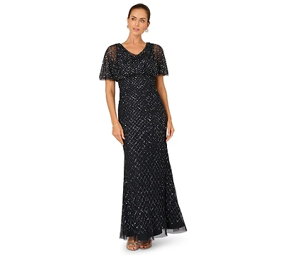 Adrianna Papell Women's Crewneck Beaded Cowl Drape Ball Gown