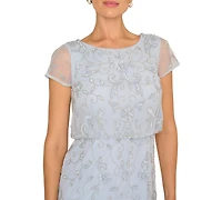 Adrianna Papell Petite Boat-Neck Short-Sleeve Beaded Blouson Gown