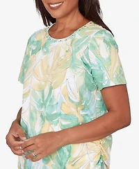 Alfred Dunner Petite Tropical Leaf Beaded Neck Ruched Top