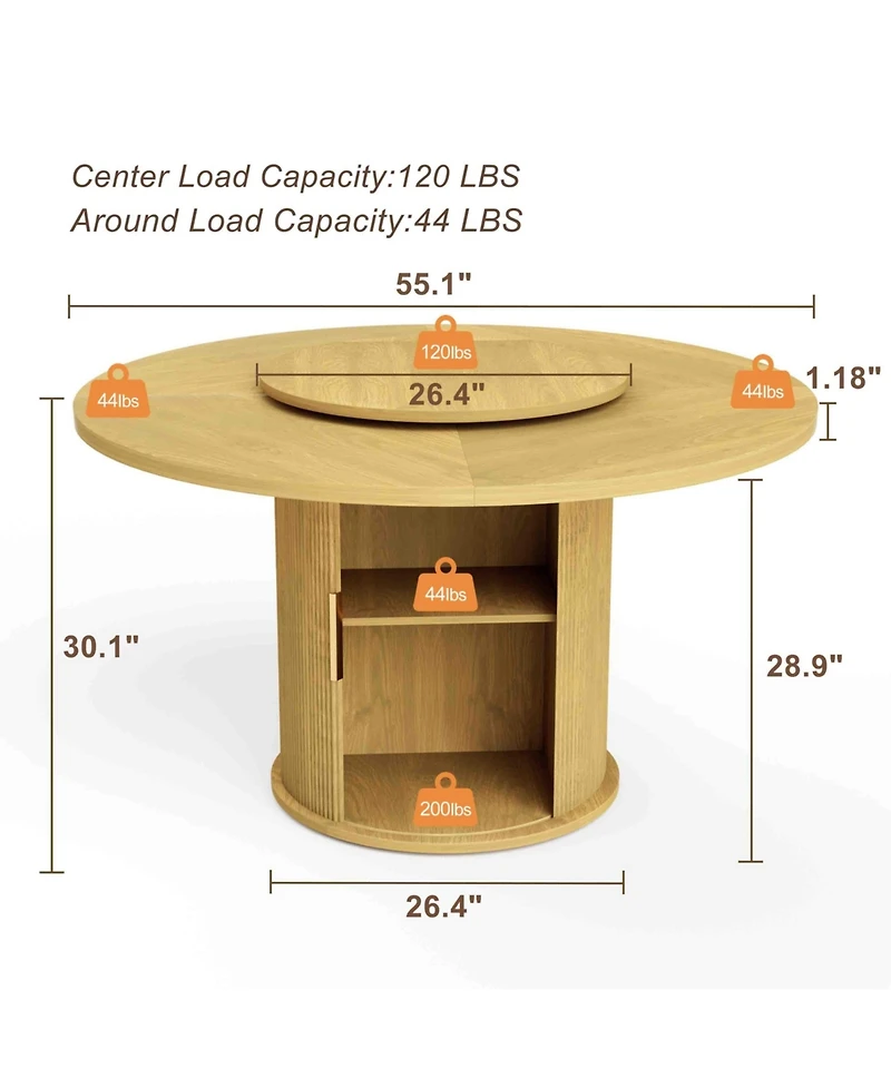 55-Inch Round Dining Table for Six with Double-Tiered Storage Rack and Rotating Top