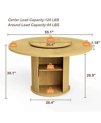 55-Inch Round Dining Table for Six with Double-Tiered Storage Rack and Rotating Top