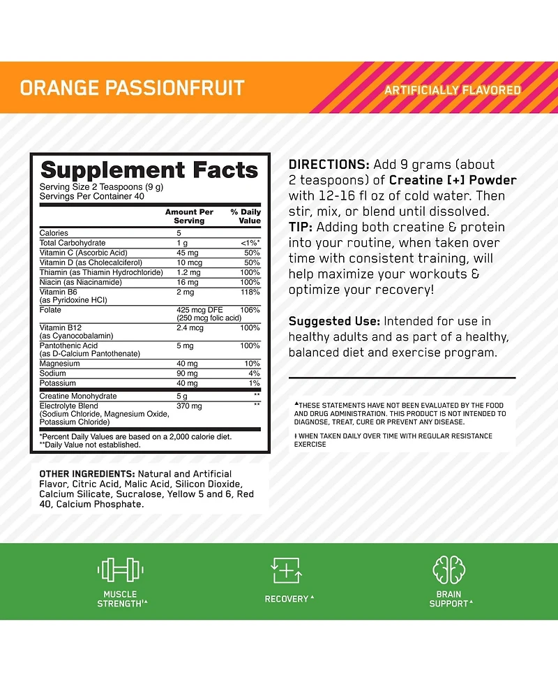 Optimum Nutrition Creatine Monohydrate Plus Powder, Orange Passionfruit, 40 Servings