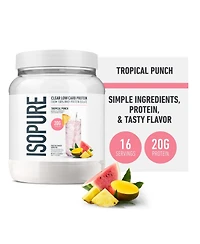 Isopure Clear Low Carb 100% Whey Protein Isolate Powder, Tropical Punch, 20g Protein, About 16 Servings