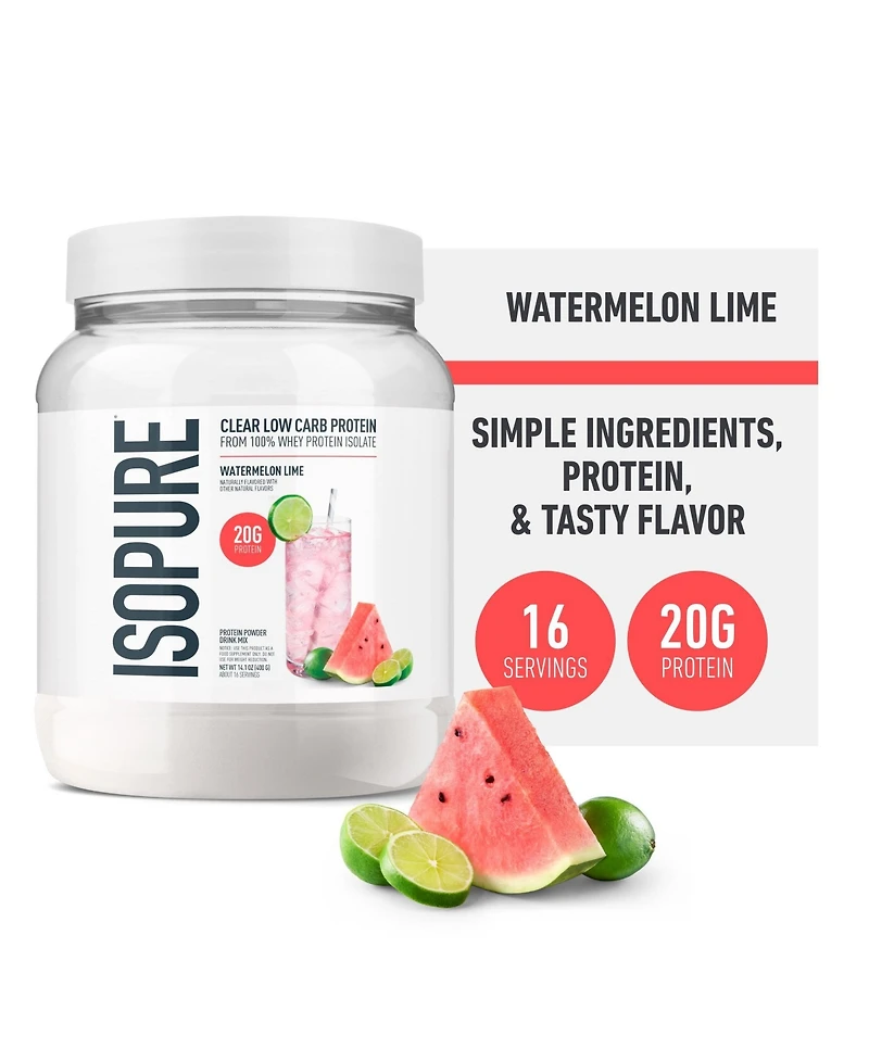 Isopure Clear Low Carb 100% Whey Protein Isolate Powder, Watermelon Lime, 20g Protein, About 16 Servings