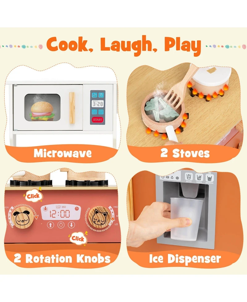 Costway Kid's Play Kitchen with Microwave Stoves Rotation Knobs Ice Dispenser Faucet Sink