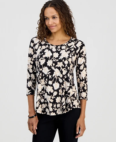 Jm Collection Petite Scoop-Neck Printed 3/4-Sleeve Top, Macy's Exclusive