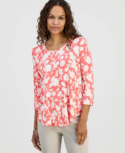 Jm Collection Petite Scoop-Neck Printed 3/4-Sleeve Top, Macy's Exclusive