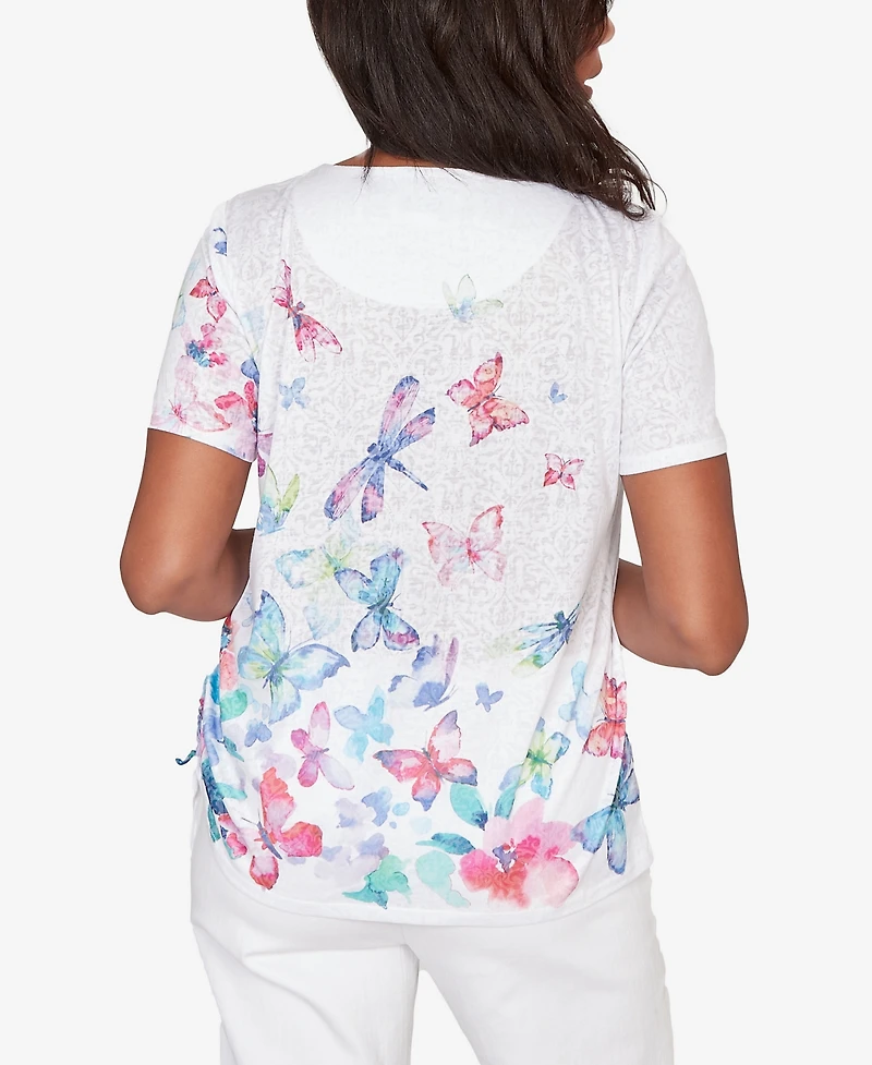 Alfred Dunner Women's Crewneck Butterfly Beaded Side Tie Ruched T-Shirt