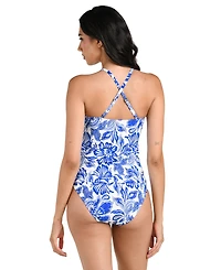 La Blanca Women's Botanical Brocade High-Neck Keyhole Tankini Swim Top