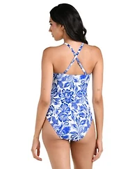 La Blanca Womens Botanical Brocade High Neck Keyhole Tankini Top Hipster Bottoms