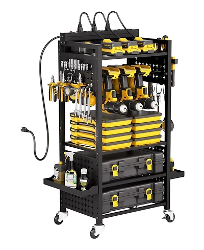 Mecale 5-Tier Tool Organizer Cart w/ Charging Station, 8 Ac Outlets, Rolling Drill Holder & Battery Storage