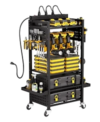 Mecale 5-Tier Tool Organizer Cart w/ Charging Station, 8 Ac Outlets, Rolling Drill Holder & Battery Storage