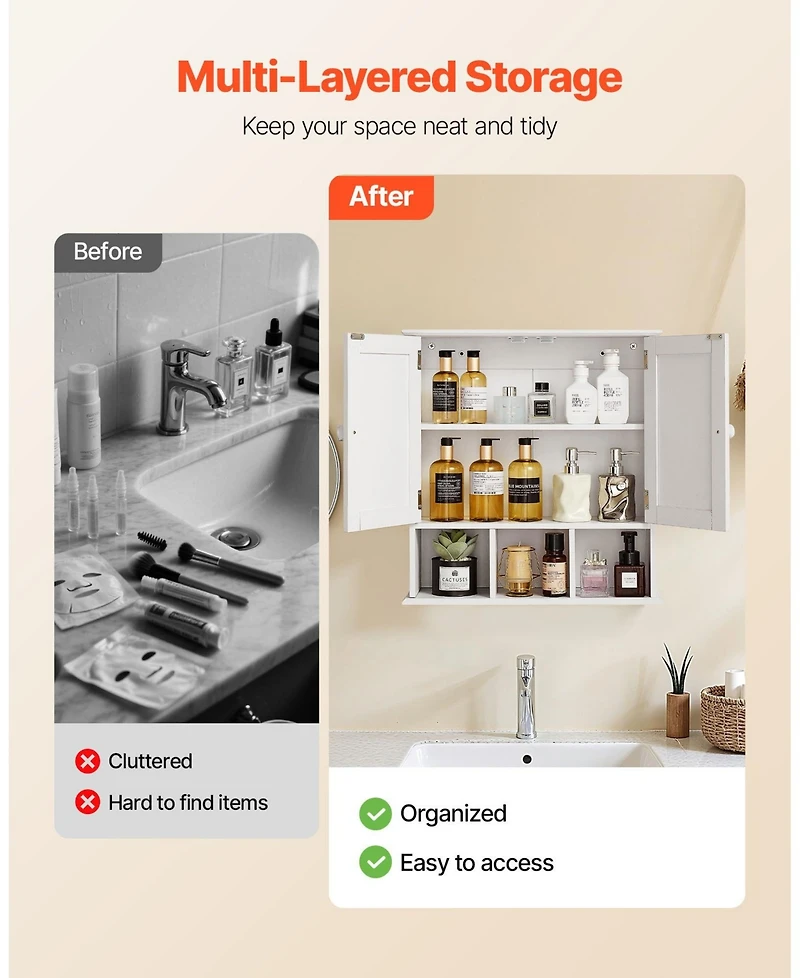 Volenca Bathroom Wall Cabinet, 2 Doors, Adjustable Shelf, Wall-Mounted Over-Toilet Storage w/ Open Shelves, White