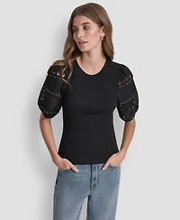 Dkny Jeans Petite Crewneck Lace Eyelet Top