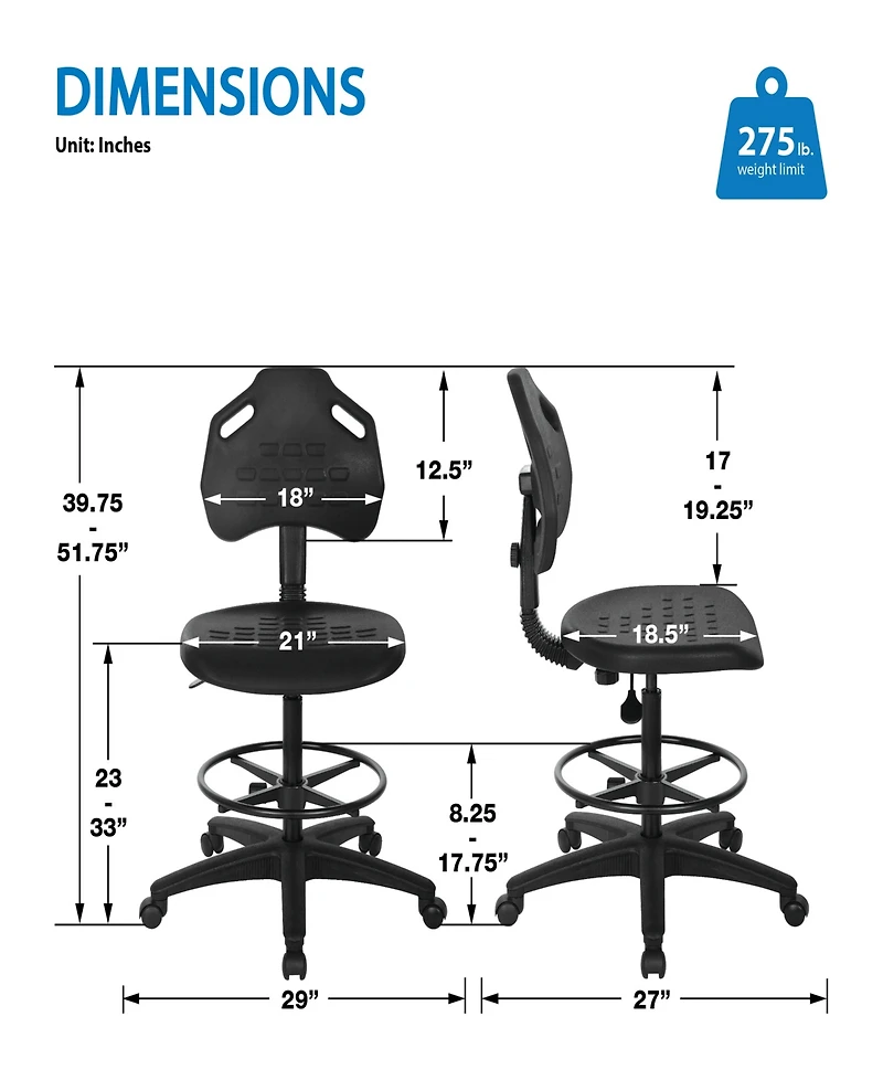 Osp Home Furnishings 39.75" Metal Self Skinned Urethane Drafting Chair