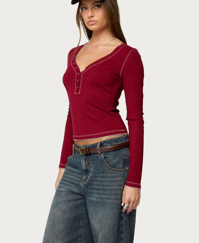 Edikted Womens Yael Contrast Stitch Henley Top