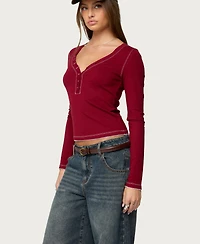 Edikted Womens Yael Contrast Stitch Henley Top