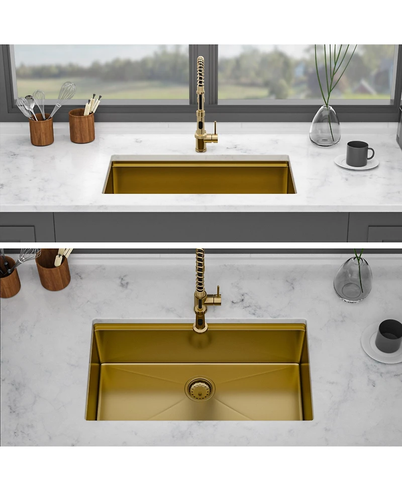 flynama 33x19x10 Inch Single Bowl Undermount Workstation Gold Kitchen Sink 16 Gauge 304 Stainless Steel Deep Sink