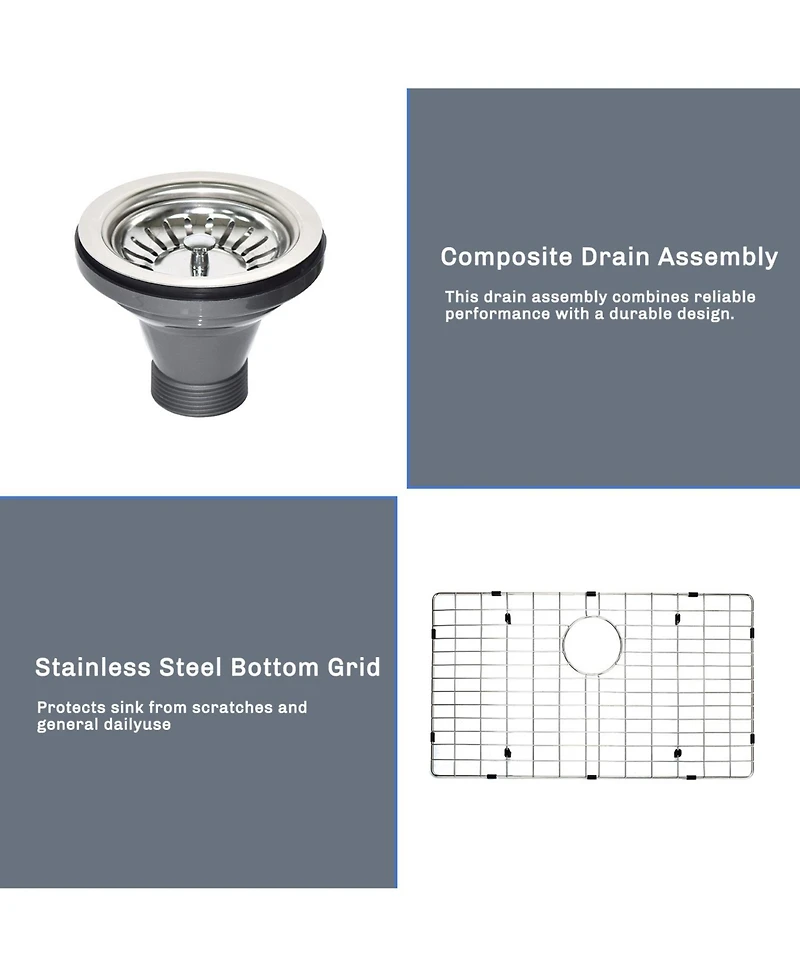 flynama 27x18inch Undermount Kitchen Sink 18 Gauge Stainless Steel Deep Basin Sink Grid Included