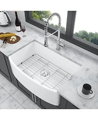 flynama 33x19x10inch White Farmhouse Sink Porcelain Ceramic Arch Edge Apron Front Single Bowl