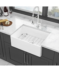 flynama 28x20x10inch White Ceramic Porcelain Single Bowl Rectangular Farmhouse Kitchen Sink with Stainless Steel Accessories