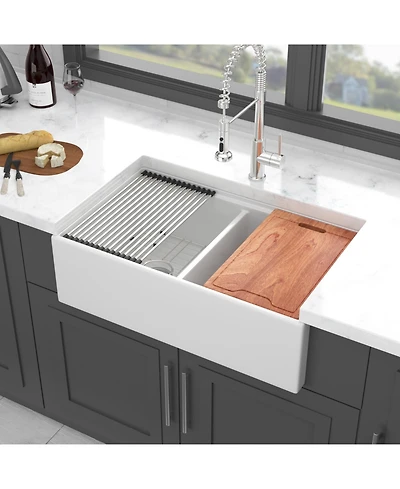 flynama 33x20x10inch White Porcelain Ceramic Double Bowl Farmhouse Workstation Kitchen Sink with Full Accessories
