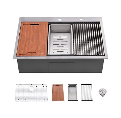 flynama 33x22x10 Inch Drop In Workstation Kitchen Sink 16 Gauge SUS304 Stainless Steel Single Bowl R10 Radius With 5 Accessories