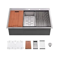 flynama 33x22x10 Inch Drop In Workstation Kitchen Sink 16 Gauge SUS304 Stainless Steel Single Bowl R10 Radius With 5 Accessories