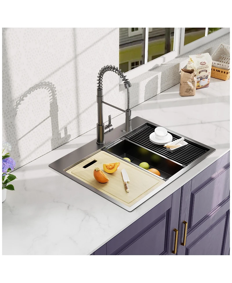flynama 32x22inch Gunmetal Black Workstation Kitchen Sink 18 Gauge Stainless Steel with Faucet