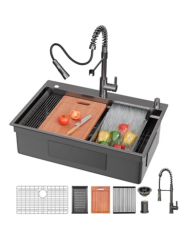 flynama huluwat Gunmetal Black Waterfall Kitchen Sink Workstation Smart Pull Out Faucet Combo