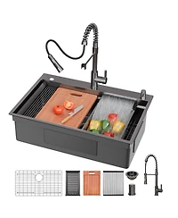 flynama huluwat Gunmetal Black Waterfall Kitchen Sink Workstation Smart Pull Out Faucet Combo